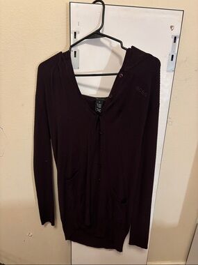 BCBG Deep Plum Hooded Button-Front Cardigan